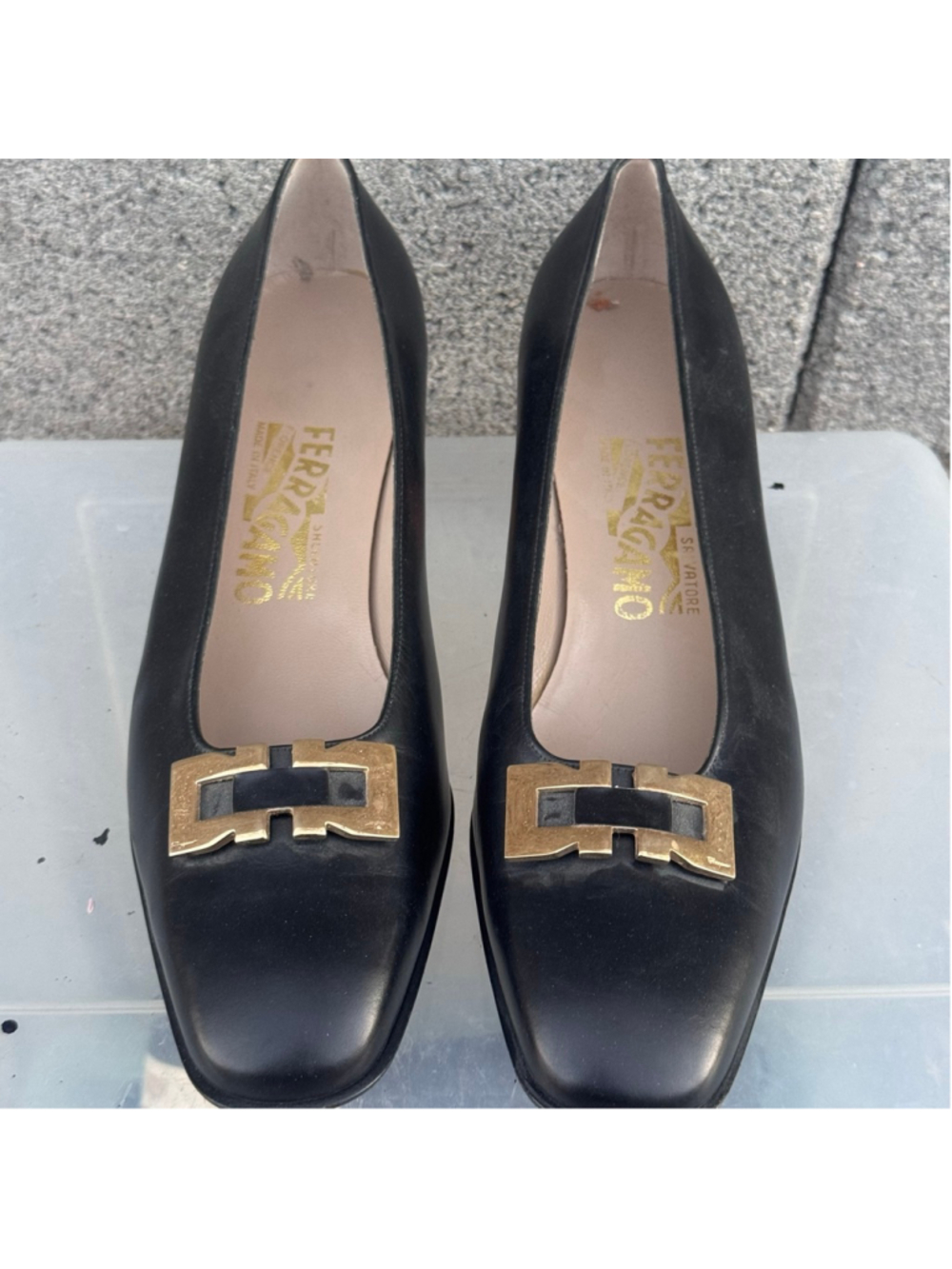 Salvatore Ferragamo Black Heels with Gold Buckle 8.5 B